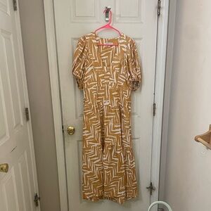 Shona Joy Tan and White Long Sleeve Dress with puff sleeves. Worn once